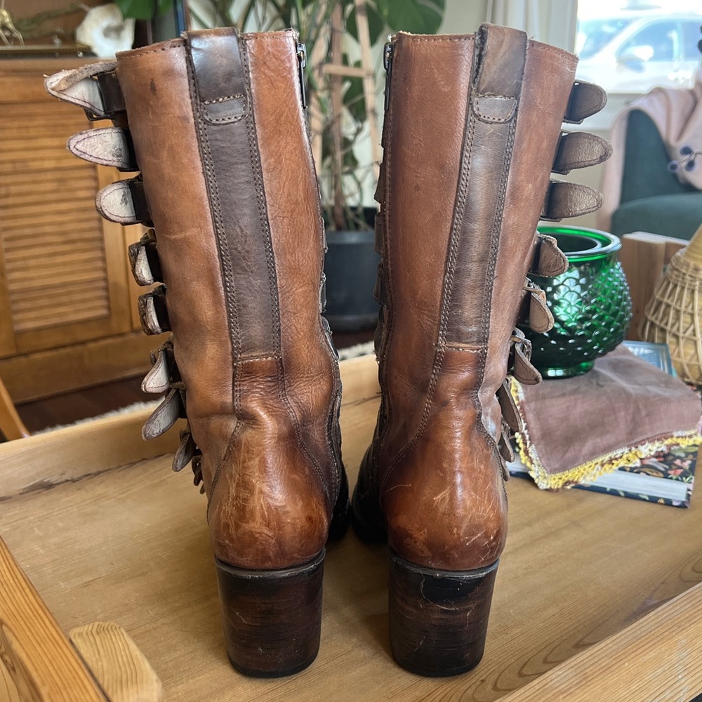 Freebird by Steven Stoke Tan Brown Distressed Leather Buckle Boots 8 - Picture 14 of 16